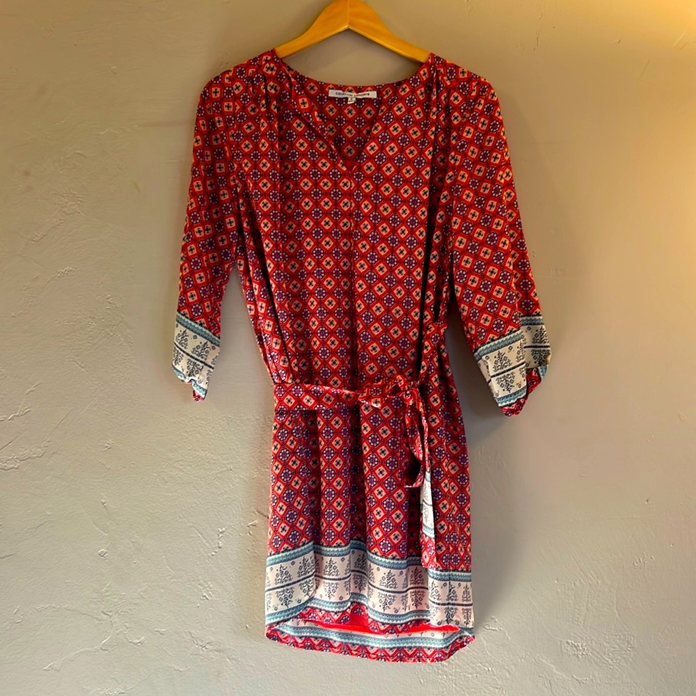 Women’s tie-waist, pink-patterned dress, knee-length with 3/4 sleeves, size S